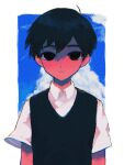  1boy bangs black_eyes black_hair black_sweater_vest cloud cloudy_sky collared_shirt commentary expressionless highres hinshi_hp0 looking_at_viewer male_focus no_pupils omori shirt short_hair sky solo sunny_(omori) sweater_vest symbol-only_commentary upper_body white_background white_shirt 