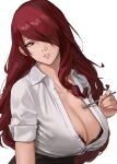  1girl black_bra bra bra_peek breasts brown_eyes cleavage collared_shirt hair_over_one_eye highres holding holding_pen j@ck kirijou_mitsuru large_breasts lips long_hair looking_at_viewer parted_lips pen persona persona_3 red_hair scoop_neck shirt simple_background sleeves_rolled_up underwear upper_body white_background white_shirt 