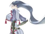  1girl absurdres ass belt black_belt black_gloves black_hair blush bodysuit breasts closed_eyes elbow_gloves fate_(series) floating_hair from_side gloves grey_bodysuit hair_behind_ear highres large_breasts long_hair minamoto_no_raikou_(fate) ryofu_x skin_tight solo very_long_hair 