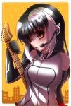  1girl african_penguin_(kemono_friends) black_gloves black_hair gloves guitar highres hikarikmy instrument kemono_friends kemono_friends_v_project long_hair looking_at_viewer multicolored_hair open_mouth shirt simple_background skirt solo standing tail virtual_youtuber white_shirt 