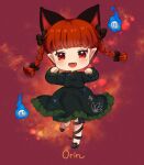  1girl :3 :d animal_ears blunt_tresses blush bow braid cat_ears character_name chibi dress extra_ears fire full_body green_dress hair_bow hitodama iris_anemone kaenbyou_rin long_sleeves looking_at_viewer open_mouth paw_pose pointy_ears red_background red_eyes red_hair simple_background skull smile solo standing standing_on_one_leg touhou twin_braids 