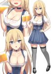  1girl akahi242 alcohol alternate_costume alternate_hairstyle apron barmaid beer beer_mug bismarck_(kancolle) blonde_hair blue_apron blue_eyes braid breasts cup dirndl german_clothes grey_legwear highres holding holding_cup kantai_collection large_breasts long_hair mug short_sleeves side_braid smile thighhighs underbust waist_apron 