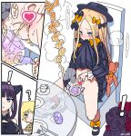  ! 1boy 3girls ? abigail_williams_(fate) bangs bare_shoulders black_bow black_dress black_headwear blonde_hair blue_eyes blush bow breasts censored chair clothes_lift dress dress_lift fate/grand_order fate/requiem fate_(series) forehead hair_bow hair_ornament hat heart heart_censor highres katsushika_hokusai_(fate) large_breasts long_hair long_sleeves mouth_hold multiple_bows multiple_girls open_mouth orange_bow parted_bangs peeing polka_dot polka_dot_bow purple_hair pussy ribbed_dress scarf sekai_saisoku_no_panda short_hair sidelocks sitting sleeves_past_fingers sleeves_past_wrists small_breasts stuffed_animal stuffed_toy table teapot teddy_bear twintails very_long_hair voyager_(fate) yang_guifei_(fate) 
