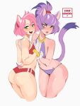  2girls amy_rose animal_ears ass bikini blaze_the_cat blush cat_ears cat_girl cat_tail cropped_legs english_commentary green_eyes highres holding_hands humanization kamira_naito multiple_girls personification ponytail purple_bikini red_bikini short_hair sketch smile sonic_(series) swimsuit tail v-shaped_eyebrows yellow_eyes 