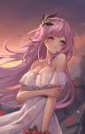  1girl bangs bare_shoulders blue_eyes breasts cleavage commentary_request dress elysia_(honkai_impact) eyebrows_visible_through_hair hair_ornament highres honkai_(series) honkai_impact_3rd large_breasts long_hair looking_at_viewer off-shoulder_dress off_shoulder outdoors parted_lips petals pink_hair short_sleeves solo upper_body very_long_hair white_dress yelan_xing_xuan 