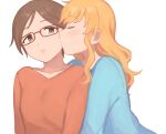  2girls aikawa_chinatsu bangs blonde_hair blush breasts brown_eyes chiyoko_(tykchiyo) closed_eyes collarbone eyebrows_visible_through_hair glasses green_sweater grey_background highres idolmaster idolmaster_cinderella_girls kiss kissing_cheek long_hair medium_breasts multiple_girls ohtsuki_yui parted_lips red-framed_eyewear red_sweater shiny shiny_hair simple_background sweater teeth yuri 