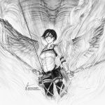  1girl absurdres breasts chest_belt dual_wielding feathered_wings feet_out_of_frame greyscale hair_strand highres holding holding_sword holding_weapon marvin_(omarvin) medium_breasts mikasa_ackerman monochrome monster ribs shingeki_no_kyojin short_hair solo steam sword weapon wings 