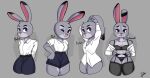  anthro breasts clothed clothing curtain_call_challenge disney english_text female fur grey_body grey_fur group hi_res judy_hopps lagomorph leporid looking_at_viewer mammal nude open_clothing open_shirt open_topwear pink_nose roddy03 shirt simple_background smile text thick_thighs thighs topwear zootopia 