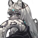  1girl animal_ear_fluff animal_ears arknights bangs biting black_jacket blush braid commentary_request da_longxia eyebrows_visible_through_hair grey_eyes grey_hair hair_between_eyes highres jacket leopard_ears leopard_girl leopard_tail long_hair pramanix_(arknights) simple_background solo tail tail_biting thick_eyebrows upper_body white_background 