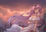  1girl bangs bare_shoulders blue_eyes breasts cleavage commentary_request dress elysia_(honkai_impact) eyebrows_visible_through_hair hair_ornament highres honkai_(series) honkai_impact_3rd large_breasts long_hair looking_at_viewer off-shoulder_dress off_shoulder outdoors parted_lips petals pink_hair short_sleeves solo upper_body very_long_hair white_dress yelan_xing_xuan 