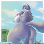  anthro big_breasts big_butt breasts butt canid canine drinking female fur grey_body grey_fur hi_res huge_butt lian_(artist) looking_back mammal nipples nude solo thick_thighs water wet wet_body 