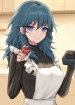  1girl absurdres alternate_costume apron bangs banned_artist black_sweater blue_eyes blue_hair breasts byleth_(fire_emblem) byleth_(fire_emblem)_(female) commentary_request fire_emblem fire_emblem:_three_houses food hair_between_eyes hands_up highres holding holding_food indoors large_breasts long_hair long_sleeves looking_at_viewer ribbed_sweater shimizu_akina smile solo sweater upper_body white_apron 