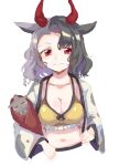  1girl animal_ears animal_print black_hair breasts cleavage collarbone cow_ears cow_girl cow_horns cow_print crop_top grey_hair hand_on_hip haori happy horns japanese_clothes long_sleeves looking_at_viewer matsukuzu midriff multicolored_hair navel plump red_eyes red_horns smile split-color_hair statue tank_top touhou two-tone_hair upper_body ushizaki_urumi wide_sleeves yellow_tank_top 
