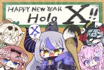  0_0 5girls animal_on_head antenna_hair asimo953 bird bird_on_head blonde_hair blue_eyes braid coyote_ears coyote_girl crow_(la+_darknesss) demon_girl demon_horns hairband hakui_koyori hand_on_hip happy_new_year highres hololive holox horns kazama_iroha la+_darknesss mask multiple_girls on_head open_mouth orca_hood pink_hair pointy_ears purple_eyes purple_hair sakamata_chloe silver_hair sleeves_past_fingers sleeves_past_wrists smile striped_horns takane_lui triangle_mouth yellow_eyes 