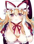  1girl blonde_hair blush breasts cleavage closed_mouth commentary_request eyebrows_visible_through_hair hat highres long_hair looking_at_viewer mob_cap purple_eyes shiny shiny_hair shiny_skin smile solo touhou yakumo_yukari zeroko-san_(nuclear_f) 