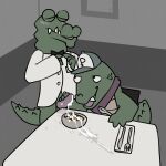  absurd_res alligator alligatorid anthro argon_vile blush bodily_fluids bow_tie bub_(later_alligator) clothing crocodilian cum cum_on_food duo eyes_closed food genital_fluids genitals handjob hat headgear headwear hi_res later_alligator male male/male pat_(later_alligator) penile penis reptile scalie sex 