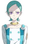  1girl absurdres aqua_hair choker closed_mouth collarbone eureka eureka_seven eureka_seven_(series) gold_choker hair_ornament hairclip highres purple_eyes short_hair simple_background solo upper_body urkt_10 white_background 