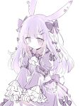  1girl animal_ears arknights ascot bangs black_bow blush bow braid closed_mouth collared_dress commentary_request dress eyebrows_visible_through_hair hair_ornament hairclip highres juliet_sleeves long_hair long_sleeves meng_xue_necky puffy_sleeves purple_dress purple_eyes purple_hair rabbit_ears rope_(arknights) simple_background sleeves_past_wrists solo very_long_hair wavy_hair white_ascot white_background 