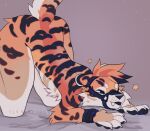  anthro ass_up black_pawpads bound butt felid fur lying male mammal muzzle_(object) muzzled nude on_front orange_body orange_fur pantherine pawpads paws simple_background sleepygills solo stripes submissive teeth thick_thighs tiger tongue tuft white_body white_fur 