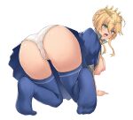  1girl all_fours artoria_pendragon_(fate) artoria_pendragon_(lancer)_(fate) ass bangs blonde_hair blue_legwear blush breasts crown eyebrows_visible_through_hair fate/grand_order fate_(series) full_body green_eyes hair_between_eyes highres large_breasts looking_at_viewer looking_back medium_hair nipples open_mouth panties sauvignon solo thighhighs thighs underwear white_panties 