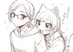  2girls :d aikawa_chinatsu animal_ears bangs blush cat_ears cat_tail chiyoko_(tykchiyo) fang glasses happy highres hood hood_down hoodie idolmaster idolmaster_cinderella_girls kemonomimi_mode multiple_girls ohtsuki_yui short_hair sketch smile tail teeth translation_request upper_teeth 