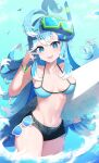  1girl absurdres alternate_costume blue_eyes blue_hair breasts collarbone commentary glasses goggles goggles_on_head highres hololive hololive_indonesia kobo_kanaeru long_hair looking_at_viewer medium_breasts navel ocean open_mouth shorts sky solo swimsuit three_twosix virtual_youtuber 