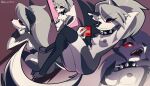  absurd_res anthro big_breasts breasts canid canine canis collar fangs female frown helluva_boss hi_res inker_comics looking_at_viewer loona_(helluva_boss) lying mammal multiple_poses nude on_back pose red_sclera simple_background slefie solo spiked_collar spikes wolf 