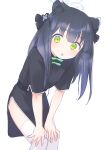  1girl animal_ear_fluff animal_ears bangs black_dress black_hair blue_archive blunt_bangs china_dress chinese_clothes dress green_eyes hands_on_own_thighs highres kyuuri_(miyako) leaning_forward long_hair looking_at_viewer open_mouth short_sleeves shun_(blue_archive) simple_background solo thighhighs thighs tiger_ears tiger_girl two_side_up white_background white_legwear 