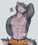  2022 absurd_res anthro armpit_hair athletic bandage beastars black_eyes body_hair canid canine canis clothing colored digital_media_(artwork) eye_scar facial_scar fur green_body green_fur hemuchang hi_res inner_ear_fluff legoshi_(beastars) looking_away male mammal multicolored_body multicolored_fur muscular muscular_male navel scar solo tuft two_tone_body two_tone_fur two_tone_tail underwear watermark white_body white_fur wolf 