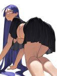  1girl absurdres all_fours ass bent_over black_shirt black_skirt breasts fate_(series) hair_behind_ear highres large_breasts long_hair minamoto_no_raikou_(fate) purple_eyes purple_hair ryofu_x sailor_collar shirt skirt solo symbol-only_commentary underboob very_long_hair white_background 