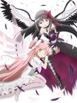  2girls akuma_homura argyle argyle_legwear bare_shoulders black_hair choker cleavage_cutout clothing_cutout dark_orb_(madoka_magica) feathered_wings gloves hand_on_another&#039;s_head highres kaname_madoka kinfuji kneeling long_hair looking_at_viewer mahou_shoujo_madoka_magica mahou_shoujo_madoka_magica_movie multiple_girls official_style open_mouth pink_hair pink_legwear purple_eyes simple_background space star_(sky) thighhighs transparent_wings ultimate_madoka very_long_hair white_background white_gloves wings yellow_eyes 