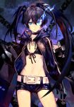  1girl arm_cannon arms_at_sides bangs belt belt_buckle bikini bikini_top_only black_bikini black_choker black_gloves black_hair black_hoodie black_rock_shooter black_rock_shooter_(character) black_shorts blue_eyes bright_pupils buckle chain checkered_background choker closed_mouth contrapposto cowboy_shot fire flat_chest front-tie_bikini front-tie_top gloves glowing glowing_eye groin hair_between_eyes hood hood_down hoodie hungry_clicker light_frown long_hair navel print_hoodie scar short_shorts shorts sidelocks solo star_(symbol) swimsuit twintails very_long_hair weapon white_belt white_pupils 