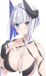  1girl absurdres bare_shoulders bikini black_bikini blue_eyes blue_hair blush breasts cleavage collarbone colored_inner_hair fate_(series) highres horns kopaka_(karda_nui) large_breasts looking_at_viewer multicolored_hair short_hair_with_long_locks sidelocks solo streaked_hair swimsuit white_hair 