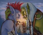  2018 age_difference blue_body blue_skin braided_hair duo ear_piercing eyes_closed facial_piercing green_body green_skin gufychirpshere hair heads_together hi_res humanoid humanoid_pointy_ears intimate male markings nose_piercing nose_ring orc piercing red_hair saurfang troll tusks white_hair zekhan 