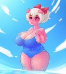  animal_humanoid anthro chubby_female clothing female hair hi_res hmiokun humanoid mammal mammal_humanoid one-piece_swimsuit pig_humanoid pig_nose pigtails pink_body purple_eyes red_bow solo solo_focus suid suid_humanoid suina suina_humanoid swimwear white_hair 