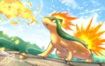  :o blurry breathing_fire cloud commentary_request day fire from_below kaosu_(kaosu0905) no_humans open_mouth outdoors pokemon pokemon_(creature) quilava red_eyes signature sky solo tongue 