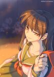  1girl 2020 bangs brown_hair closed_mouth collared_shirt dated eyebrows_visible_through_hair green_sailor_collar green_skirt hair_between_eyes highres inushima inuyasha kikyou_(inuyasha) long_hair long_sleeves miniskirt nanamako neckerchief night pleated_skirt red_neckerchief sailor_collar sailor_shirt school_uniform serafuku shiny shiny_hair shirt sitting skirt twitter_username very_long_hair white_shirt yellow_eyes 