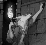  2021 anthro being_watched canid canine canis clothed clothing coyote creepy dated detailed_background fur group holding_object holding_torch jewelry lizet looking_at_another mammal monochrome necklace solo_focus standing topwear torch 