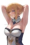  1girl absurdres armpits arms_behind_back arms_up artist_name bangs bare_shoulders blonde_hair blue_eyes breasts cleavage commentary detached_collar english_commentary genshin_impact highres jean_(genshin_impact) large_breasts looking_at_viewer one_eye_closed rerxe shirt short_hair simple_background solo strapless strapless_shirt upper_body white_background 