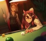  2girls air_groove_(umamusume) animal_ears bangs black_pants brown_hair ceiling_light closed_mouth collared_shirt cue_stick earrings horse_ears horse_girl horse_tail indoors jewelry leaning_forward long_hair multicolored_hair multiple_girls ombre pants plant pool_ball pool_table potted_plant shirt short_hair single_earring smile standing streaked_hair symboli_rudolf_(umamusume) tail umamusume vest white_shirt 