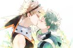  2boys bakugou_katsuki blonde_hair bodysuit boku_no_hero_academia closed_eyes freckles gloves green_bodysuit green_hair hand_in_another&#039;s_hair highres kiss looking_at_another male_focus mask mask_on_head mask_removed midoriya_izuku multiple_boys red_eyes spiked_hair unou_(unou_mha) white_gloves yaoi 