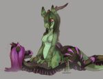  absurd_res anthro black_body black_skin breast_grab breast_play breasts broken_horn dragon duo female fur green_body green_fur green_hair hair hand_on_breast hi_res horn kyisha nude open_mouth pink_eyes purple_hair purple_stripes scales simple_background sitting_on_belly spacesmilodon stripes 