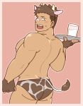 1boy animal_ears animal_print aopanda ass back bara biceps black_eyes blush brown_hair buzz_cut cow_ears cow_horns cow_print cow_tail cup diadem fang gloves horns huge_ass looking_back male_focus male_swimwear milk muscular muscular_male nipples no_pants open_mouth original pectorals plate plump short_hair solo sweat sweatdrop swim_briefs tail tan tanlines thick_arms thick_thighs thighs topless topless_male very_short_hair 
