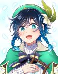  1boy androgynous aqua_hair bangs bard beret blue_hair braid bright_pupils collared_cape flower frilled_sleeves frills genshin_impact gradient_hair green_eyes green_headwear hat hat_flower highres holding holding_instrument instrument looking_at_viewer lyre multicolored_hair pinwheel short_hair_with_long_locks side_braids smile solo twin_braids upper_body venti_(genshin_impact) white_flower yakisobapan_tarou_&amp;_negitoro-ko 