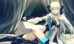  1girl bed black_bow blue_choker blue_ribbon boots bow braid breasts center_opening choker cleavage clothing_cutout fate/grand_order fate_(series) french_braid garter_straps high_heels highres kawanakajima large_breasts light_blue_eyes long_sleeves looking_at_viewer morgan_le_fay_(fate) platinum_blonde_hair ribbon short_hair solo stomach_cutout thigh_boots thighhighs thighs two-tone_dress very_short_hair 