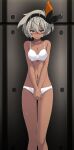  1girl absurdres against_wall bangs bea_(pokemon) black_bow black_hairband blue_eyes bow bow_hairband bra breasts cleavage closed_mouth collarbone covering covering_crotch crying crying_with_eyes_open dark-skinned_female dark_skin frown hair_between_eyes hair_bow hairband highres looking_at_viewer medium_hair navel panties pokemon pokemon_(game) pokemon_swsh shiny shiny_hair silver_hair small_breasts solo standing tears thigh_gap tsukishiro_saika underwear underwear_only v-shaped_eyebrows white_bra white_panties 