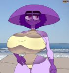  anthro beach big_breasts breasts clothing elemental_creature eyebrows female flora_fauna fungi_fauna fungus hi_res huge_breasts kouh mushroom plant purple_body purple_eyes sea seaside solo swimwear water 