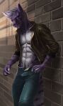  absurd_res anthro black_body black_fur bottomwear brick_wall butt clothing colored denim denim_clothing digital_media_(artwork) ears_up fox_tail fur hair hi_res jacket jeans levsha light male muscular orange_eyes pants purple_body purple_fur solo topwear wall_(structure) white_body white_fur white_hair 