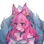  1girl ahri_(league_of_legends) animal_ear_fluff animal_ears bangs bare_shoulders breasts cleavage closed_mouth collarbone commentary_request expressionless fox_ears fox_tail green_ribbon grey_background hair_ornament hair_ribbon highres large_breasts league_of_legends long_hair multiple_tails neck_ribbon pink_hair portrait ribbon shiny shiny_hair simple_background solo spirit_blossom_(league_of_legends) spirit_blossom_ahri tail upper_body vastaya xi_er 