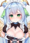  1girl areola_slip areolae bangs blush breasts cleavage closed_mouth double_bun eyebrows_visible_through_hair gloves green_eyes hair_ornament highres long_hair looking_at_viewer maid maid_headdress original pizza_(pizzania_company) puffy_short_sleeves puffy_sleeves ribbon short_sleeves solo upper_body white_gloves wings 